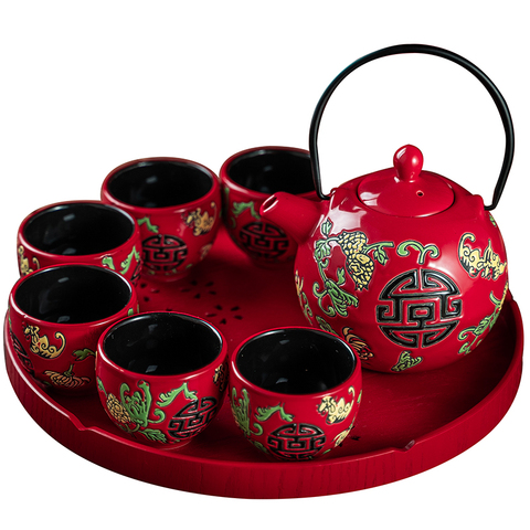 Китайский красный керамический чайный набор, домашний чайник, 6 чайных чашек, кунг-фу, черный чай, чайная посуда Jin Jun Mei, креативная Свадебная ... ► Фото 1/6