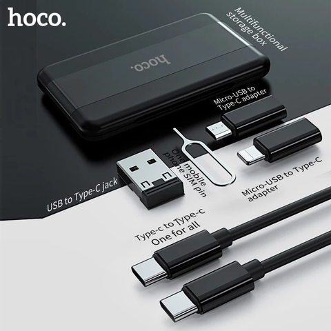 Универсальный контейнер для хранения адаптера Hoco 6 в 1 с кабелем Micro USB и адаптером Type-C, набор для зарядки для iPhone, Xiaomi, дорожная сумка для хранения ► Фото 1/6