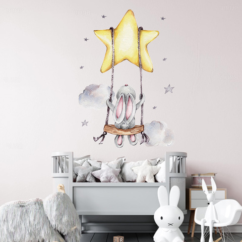 Банни Детские наклейки на стену с изображением мультяшного кролика качели на настенные наклейки со звездами для детской комнаты Сменные наклейки из ПВХ 