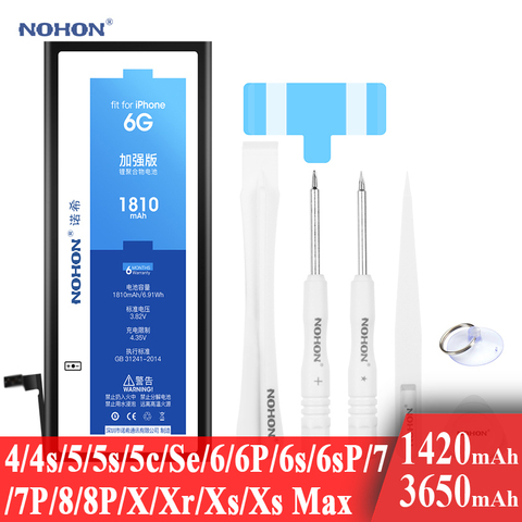 Nohon Аккумулятор для Apple iPhone SE 4s 5s 5c 6 6s 7 8 Plus 4 5 5c X Xr Xs Max 6P 6sP 7P 8P iPhone6s 1430mAh-1810mAh сменный литий-полимерный батарея+ бесплатный инструмент For Apple iPhone SE ... ► Фото 1/6