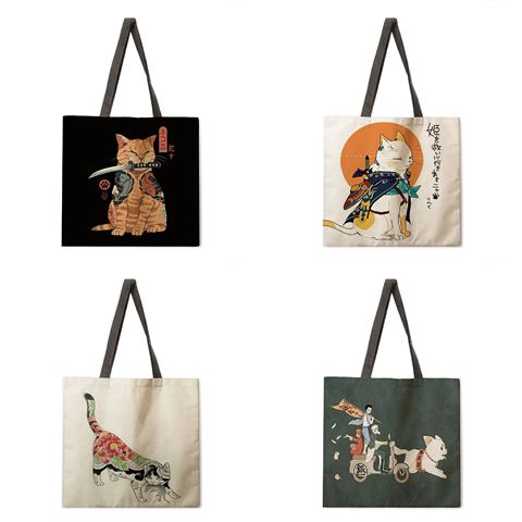 Женская сумка через плечо с японским животным Ukiyo-e, сумка-тоут из льняной ткани, повседневная сумка-тоут, складная сумка для покупок, пляжная сумка, модная сумка ► Фото 1/6