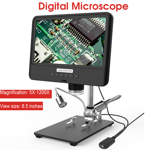 Цифровой микроскоп 5X-1200X AD208S, 8,5 дюйма, ЖК-дисплей, микроскоп с регулируемым прицелом 1080P, паяльный инструмент с двумя лампами ► Фото 1/6