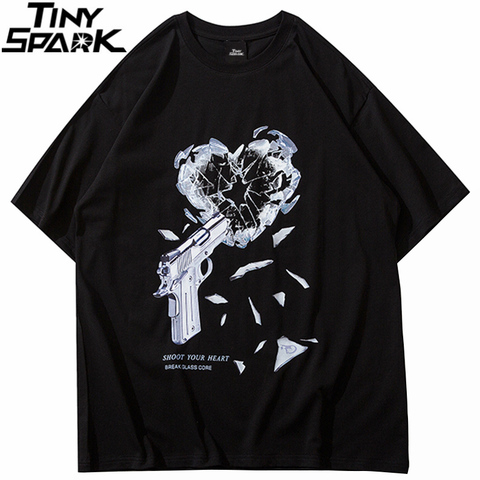 Уличный сверхразмерный Топ в стиле хип-хоп, футболка с принтом пистолета, разбивающегося сердца, 2022, мужские хлопковые свободные летние футболки с короткими рукавами в стиле Харадзюку ► Фото 1/6