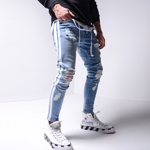 Брюки-Карандаш мужские рваные, джинсовые брюки скинни в байкерском стиле, в полоску сбоку, рваные джинсы в стиле хип-хоп, облегающие брюки ► Фото 1/4