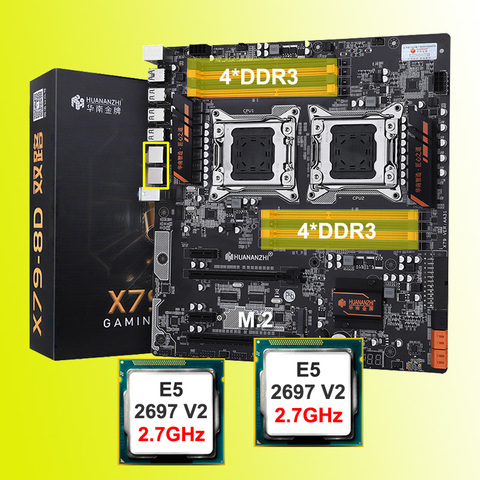 Материнская плата HUANANZHI X79-8D с двумя процессорами Xeon E5 2697 V2, 10 ядер, 2 гигабайтных порта LAN, высокоскоростной разъем M.2 NVMe SSD ► Фото 1/6