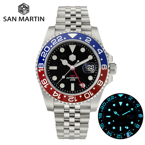 San Martin GMT Роскошные мужские часы юбилейный браслет двунаправленный керамический ободок сапфировый Циклоп Водонепроницаемый 20 бар BGW-9 светящийся ► Фото 1/6