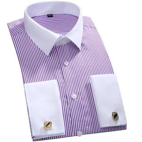 Мужская формальная рубашка с французскими манжетами, качественная Однотонная рубашка в полоску с длинным рукавом, мужские рубашки с запонками размера плюс ► Фото 1/6