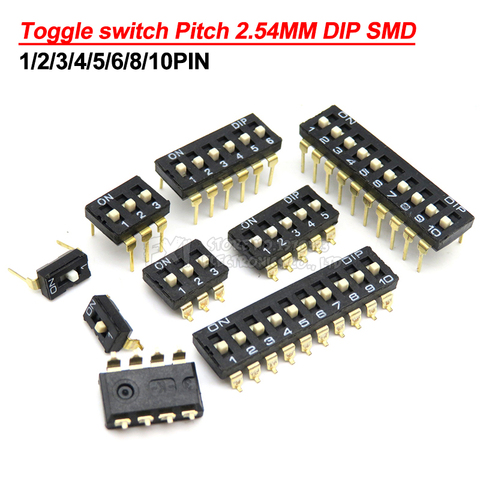 5 шт., переключатель DIP SMD 1/2/3/4/5/6/8/10PIN, разъем 1 2 3 4 5 6 8 10 бит, шаг 2,54 мм, черный защелкивающийся переключатель ► Фото 1/3