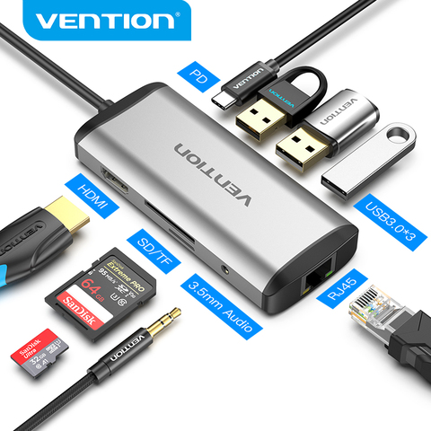 Vention USB C HUB Type-C to 4K HDMI RJ45 VGA USB 3,0 концентратор док-станция для MacBook Pro Huawei Mate 30 USB-C 3,1 разветвитель порт USB-C концентратор ► Фото 1/6