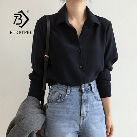 Женская шифоновая блузка с длинным рукавом, однотонная черная Повседневная рубашка в Корейском стиле, модель T0450 на лето ► Фото 1/6