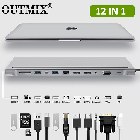 12 в 1 MST Type C HUB к HDMI USB 3,0 HUB Dock VGA Dual HDMI RJ45 USB адаптеры-конвертеры PD для Loptop Thunderbolt 3 USB C HUB ► Фото 1/6