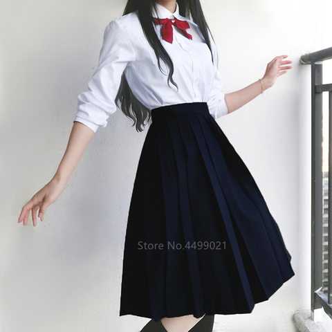 Японская школьная форма для девочек, однотонная плиссированная юбка с высокой талией, длинный JK костюм, черно-серая школьная одежда для жен... ► Фото 1/6