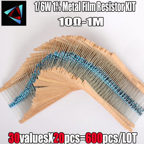 Набор металлических пленочных резисторов 600 шт./компл. 30 видов 1/6 Вт 1% в ассортименте, резисторы 1K 10K 100K Ом 1 м ► Фото 1/2