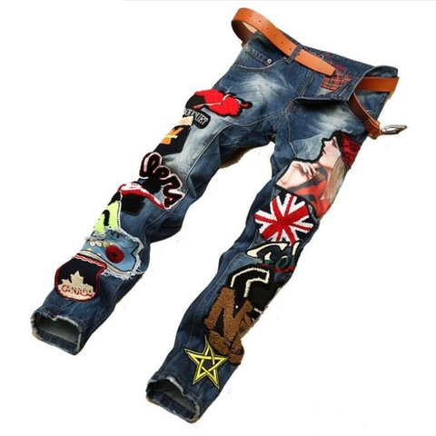 Новый модный бренд, мужские джинсы, Европейский и американский стиль, 100% хлопок, джинсы в стиле хип-хоп, пэчворк, Национальный флаг, модные джинсы для мужчин #597 ► Фото 1/6