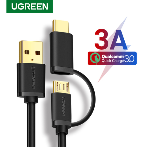 Кабель Ugreen USB Type-C для Samsung Galaxy S10 S9 Plus, 2 в 1, кабель Micro USB для быстрой зарядки для планшета Xiaomi, Android, USB-кабель ► Фото 1/6