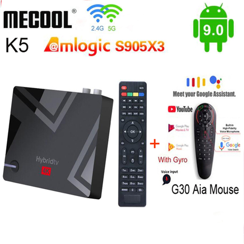 Mecool K5 Amlogic S905X3 Смарт Android 9,0 ТВ коробка DVB-S2 DVB-T2 DVB-C 2 Гб Оперативная память 16 Гб Встроенная память 2,4G 5G Wi-Fi Bluetooth 4 к HD декодер каналов кабельного телевидения компьютерной приставки к телевизору ► Фото 1/6