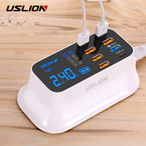 Зарядное устройство USLION Quick Charge 3,0 USB со светодиодным дисплеем для iPhone, Samsung, Xiaomi, 8 портов, европейская вилка, быстрое зарядное устройство USB ► Фото 1/6