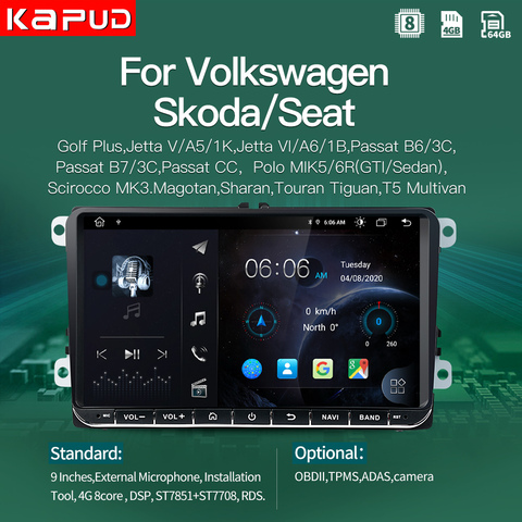 Автомагнитола Kapud, стерео-система на Android 10, 9 дюймов, с Gps, для VW/Volkswagen/Passat/Golf/Polo/Octavia/Tiguan/B7 ► Фото 1/6