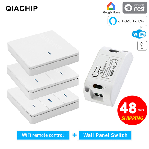 QIACHIP Tuya Smart Life APP, Wi-Fi 1/2 Gang push-переключатель, светильник RF 433 МГц, настенное реле DIY, модуль таймера, Google Home, Amazon, Alexa ► Фото 1/6