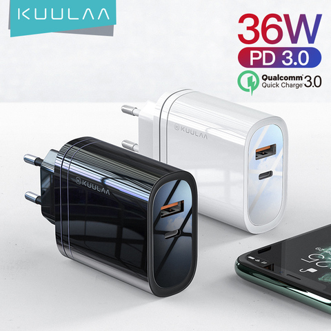 KUULAA USB зарядное устройство, быстрая зарядка 4,0 36 Вт PD 3,0 для iPhone X XR XS Xiaomi Mi 10 9 8 США ЕС адаптер супер зарядное устройство ► Фото 1/6