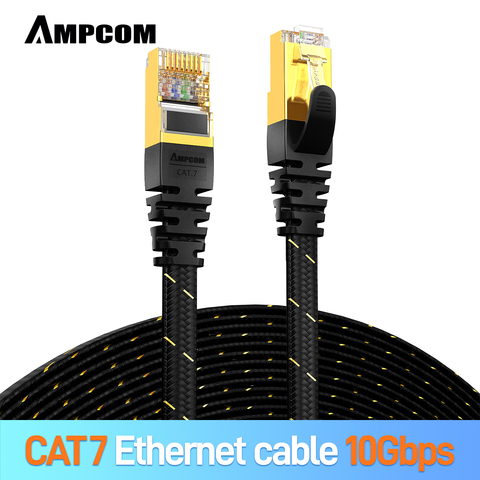 Кабель Ethernet AMPCOM CAT7 (10G 600MHz), экранированный плоский сетевой кабель RJ45 с пачччворк, 50u позолоченный свинец, Полиэстеровая оплетка ► Фото 1/6