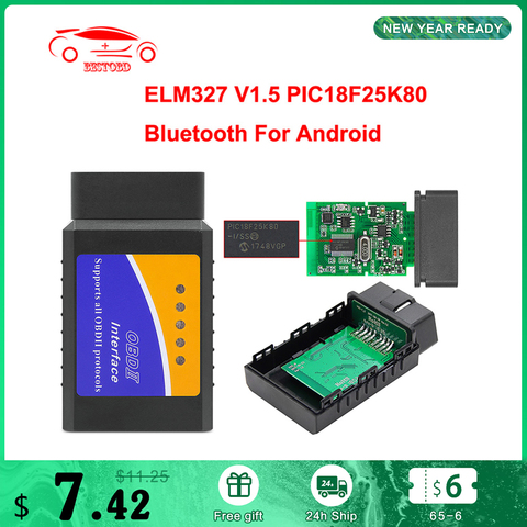 Автомобильный диагностический сканер V1.5, ELM 327 OBD2 Bluetooth сканер PIC18F25K80 для Android OBDII OBD2, автомобильный диагностический сканер, ELM327 V1.5 считыватель кодов ► Фото 1/6