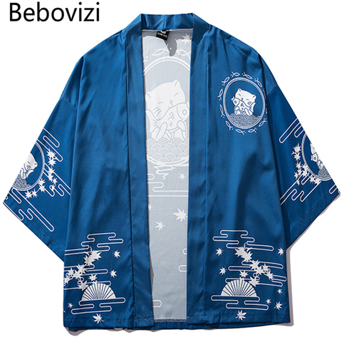 Мужское тонкое кимоно с принтом кота Bebovizi, Японская уличная одежда синего цвета, повседневная верхняя одежда, 2022 ► Фото 1/6