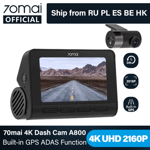 Видеорегистратор 70mai Dash Cam 4K A800, камера для приборной панели, со встроенным GPS, ADAS, 4K, UHD, DVR, 24 часовая парковка, монитор SONY IMX415, 140FOV ► Фото 1/6