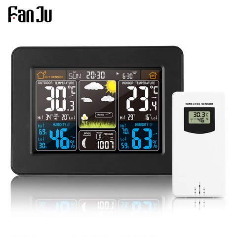 FanJu FJ3365 метеостанция, датчик давления воздуха, будильник, уличный термометр, гигрометр, беспроводные многофункциональные часы ► Фото 1/6