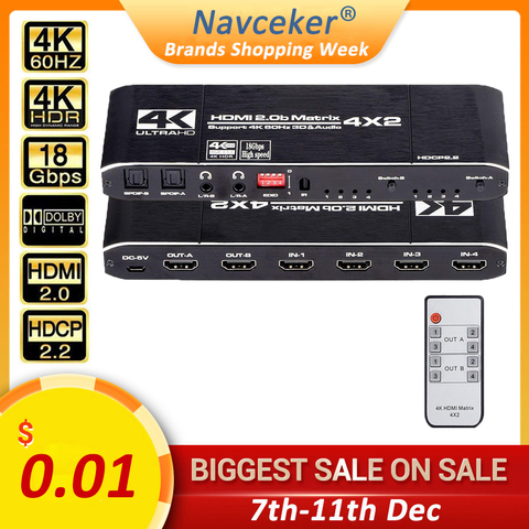 HDMI матрица Navceker 18,5 Гбит/с, 4x2 4K @ 60 Гц, HDMI переключатель, сплиттер с SPDIF и L/R 3,5 мм, HDR HDMI переключатель 4x2, поддержка HDCP 2,2 3D ► Фото 1/6