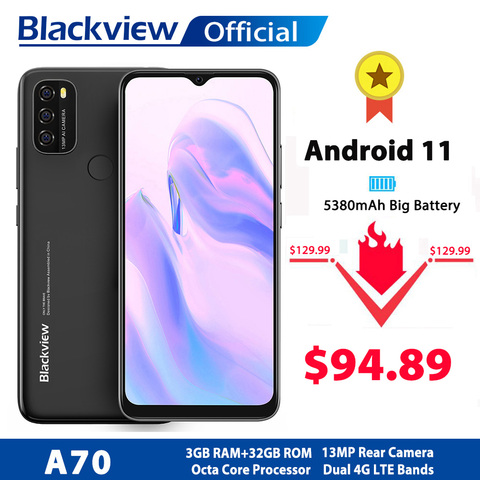 Blackview A70 Android 11 смартфон 6,517 дюймов Дисплей Octa Core, 3 Гб оперативной памяти, Оперативная память + 32 ГБ Встроенная память 5380 мА/ч, 13MP сзади Камера 4G мобильный телефон ► Фото 1/6