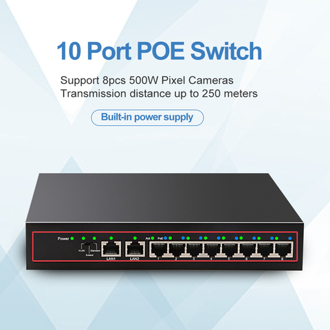 10-портовый коммутатор Ethernet POE, 48 В, VLAN 100 Мбит/с, IEEE 802,3 af/at, сетевой коммутатор для IP-камеры видеонаблюдения, беспроводной AP 250M, Прямая поставка ► Фото 1/6