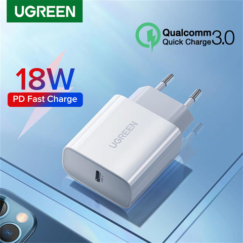 Зарядное устройство Ugreen PD 18 Вт, USB C для iPhone 12 11 Pro Max X 8, быстрое зарядное устройство USB Type-C, быстрая зарядка 4,0 3,0 для iPad, Huawei, зарядное устройство PD ► Фото 1/6