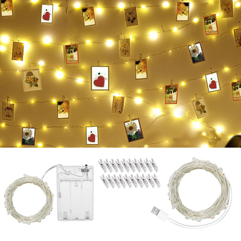 USB светодиодная гирлянда с клипсой для фото карты, Сказочная гирлянда 2 м/5 м/10 м с питанием от аккумулятора, Рождественское украшение, вечерние свадебные праздничные лампы ► Фото 1/6