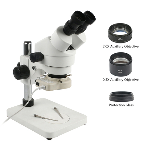 Бинокулярный промышленный стереомикроскоп с непрерывным увеличением 3,5x-90X + Вспомогательный объектив 0,5x 2X + 56 светодиодов ► Фото 1/2