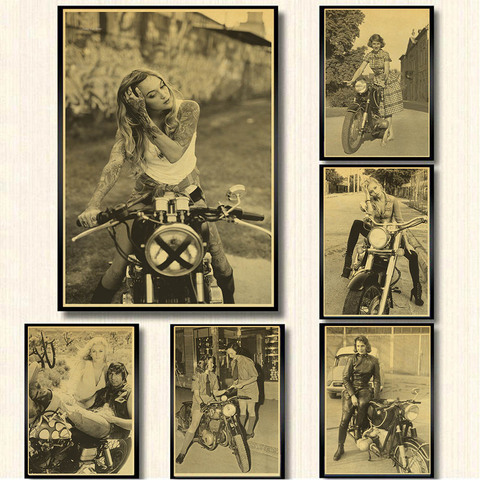 Винтажный постер в стиле панк для женщин, постер на мотоцикл в стиле ретро из крафт-бумаги, домашний декоративный настенный стикер для бара ► Фото 1/6