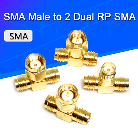 T тип SMA штекер в 2 двойной (два) SMA Гнездовой разъем RF коаксиальный разъем 3 способ сплиттер антенна конвертер позолоченный латунь ► Фото 1/6