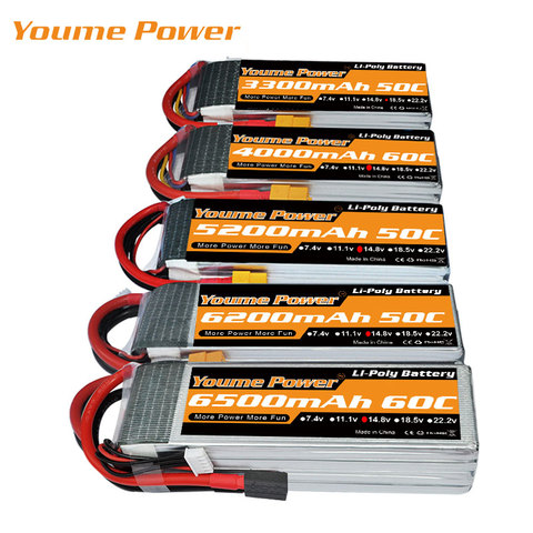 Аккумулятор Youme RC Lipo, 14,8 в, 5000 мА/ч, 5200 мА/ч, 6200 мА/ч, 6500 мА/ч, 3300 мА/ч, 60C для 1:10, 1:12, rc, дроны, вертолет, лодка, штекер XT60 ► Фото 1/6