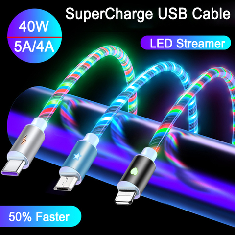 Кабель USB Type-C 5A со светодиодной подсветкой, кабель Micro USB Type-C для телефонов Samsung, Xiaomi, Redmi, Huawei, Honor, кабель Usb Type-C, шнур для телефонов ► Фото 1/6