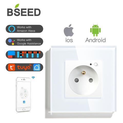 Настенная розетка BSEED с Wi-Fi, умная французская розетка с прозрачной панелью из белого, черного и золотого стекла, работает с Tuya ► Фото 1/6