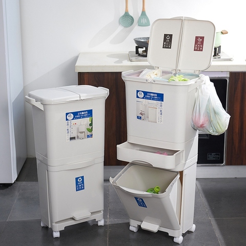 Классификация мусора 45л/48Л, 3-слойный пластиковый мусорный контейнер, Домашняя Кухня Классификация мусора с колесами хранение мусора ► Фото 1/6