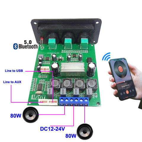 2*80 Вт TPA3116 Bluetooth 5,0 Hi-Fi цифровой автомобильный усилитель мощности, плата класса D, 2,0 каналов, автомобильный стерео-эквалайзер, усилитель ► Фото 1/5