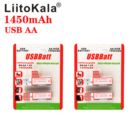 4 шт./лот LiitoKala портативная батарея AA 1450 мАч 1,2 в USB аккумуляторные батареи USB батарея AA перезаряжаемая батарея светодиодный индикатор ► Фото 1/6