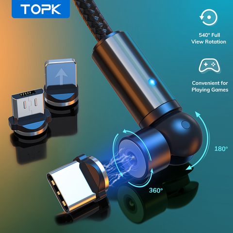 TOPK USB Магнитный кабель типа C Micro USB шнур Магнитная Зарядка для iPhone 8 11 Pro Plus X XR XiaoMi Samsung Galaxy 540 поворот ► Фото 1/6
