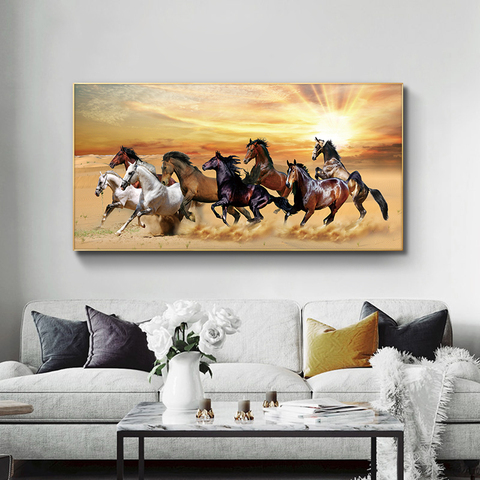 Восемью лошадьми дикий Животные Картина на холсте, закат Скандинавии Плакаты и принты Cuadros настенные картины для Декор в гостиную ► Фото 1/6