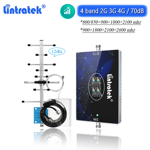 Lintratek 4-полосный усилитель сигнала GSM 2G 3G 4G LTE 2600 B20 800 850 900 DCS 1800 2100 WCDMA 70dB комплект ретранслятора сотового усилителя ► Фото 1/6