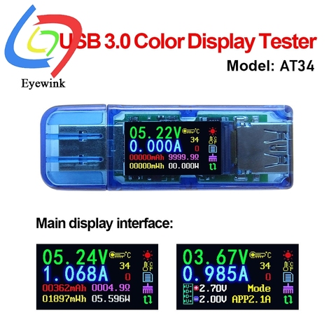 AT34 AT35 USB 3,0 цветной ЖК-Вольтметр Амперметр измеритель напряжения тока мультиметр батарея Зарядка Внешний аккумулятор USB Тестер ► Фото 1/5