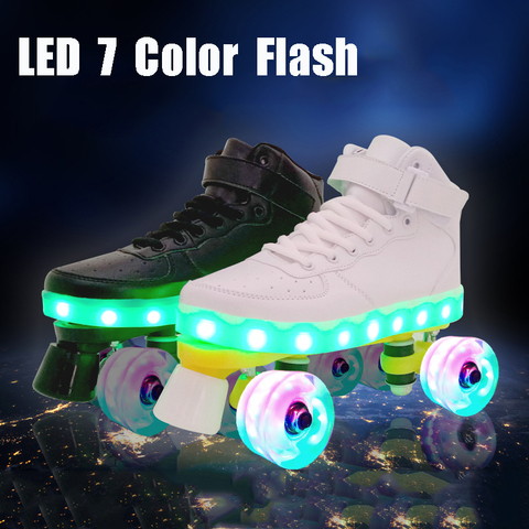 New Style Led Rechargeable 7 Colorful Luminous Double Row 4 Wheel Roller Skates Patines Outdoor Men Women Shoes ► Фото 1/6