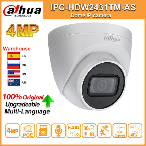 Dahua оригинальный IPC-HDW2431TM-AS 4MP HD POE Встроенный микрофон SD слот для карт H.265 IP67 30 м ИК Starlight IVS обновляемая купольная IP камера ► Фото 1/2