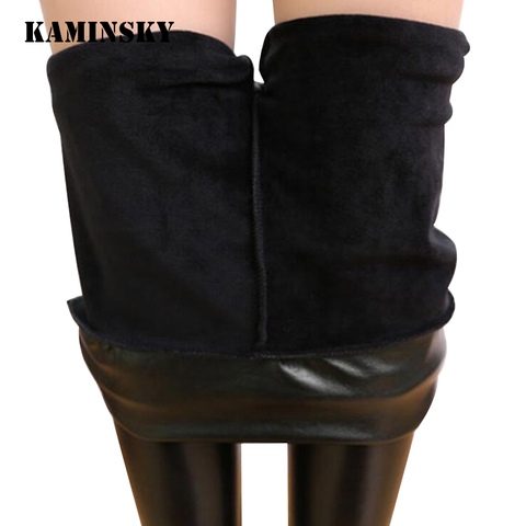 Kaminsky/высокие эластичные леггинсы из спандекса 8%, тонкие теплые зимние леггинсы, флисовые брюки, женские модные штаны из искусственной кожи ► Фото 1/6